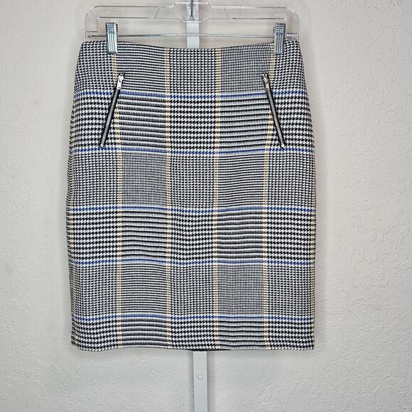 J McLaughlin Pencil Skirt Blue Yellow Plaid Cotton Blend Zip Pockets Size 2 - Picture 1 of 6